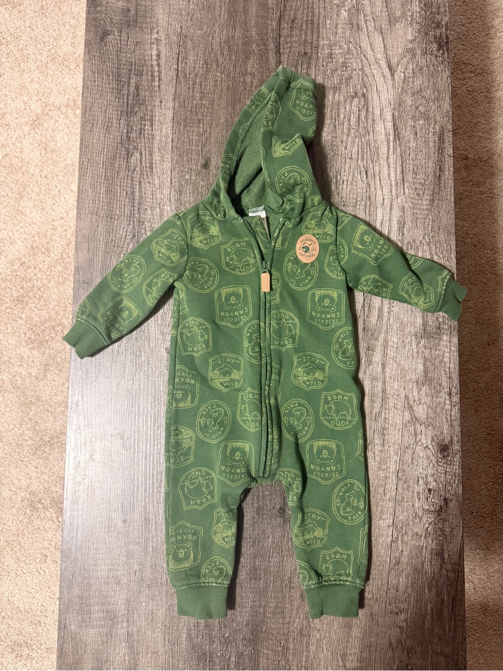 Carter's Green Hooded Zip One-Piece with Animal Patch Prints